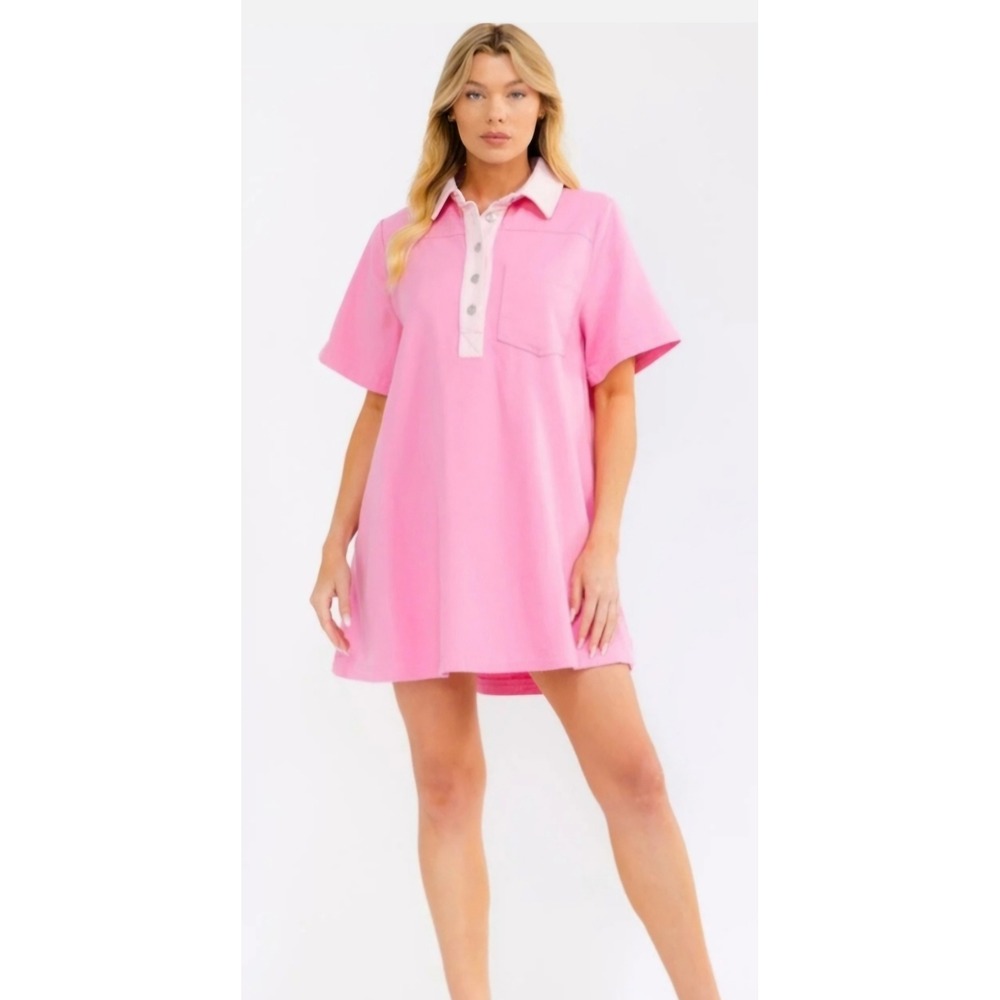 Fantastic Fawn Pink Polo Mini Dress Cotton Short Sleeve‎ Babydoll FD65199-01 M